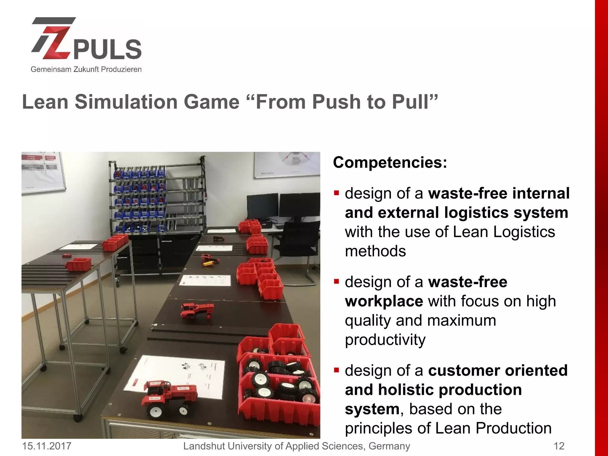 Lean Simulation Game “From Push to Pull”
Competencies:
 design of a waste-free internal
and external logistics system
with the use of Lean Logistics
methods
 design of a waste-free
workplace with focus on high
quality and maximum
productivity
 design of a customer oriented
and holistic production
system, based on the
principles of Lean Production
15.11.2017 Landshut University of Applied Sciences, Germany 12
 