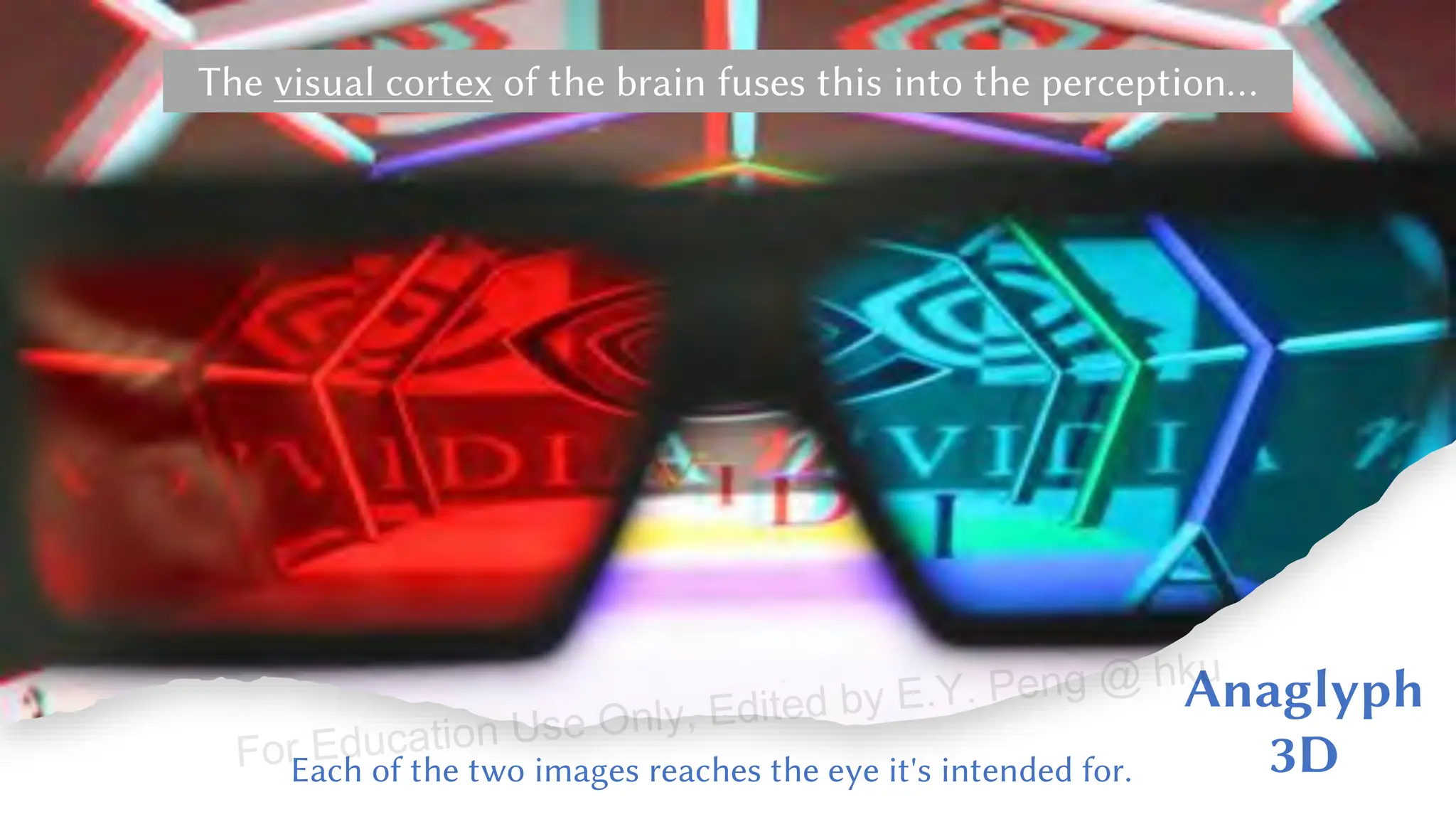 Anaglyph
3D
The visual cortex of the brain fuses this into the perception…
Each of the two images reaches the eye it's intended for.
For Education Use Only, Edited by E.Y. Peng @ hku
 