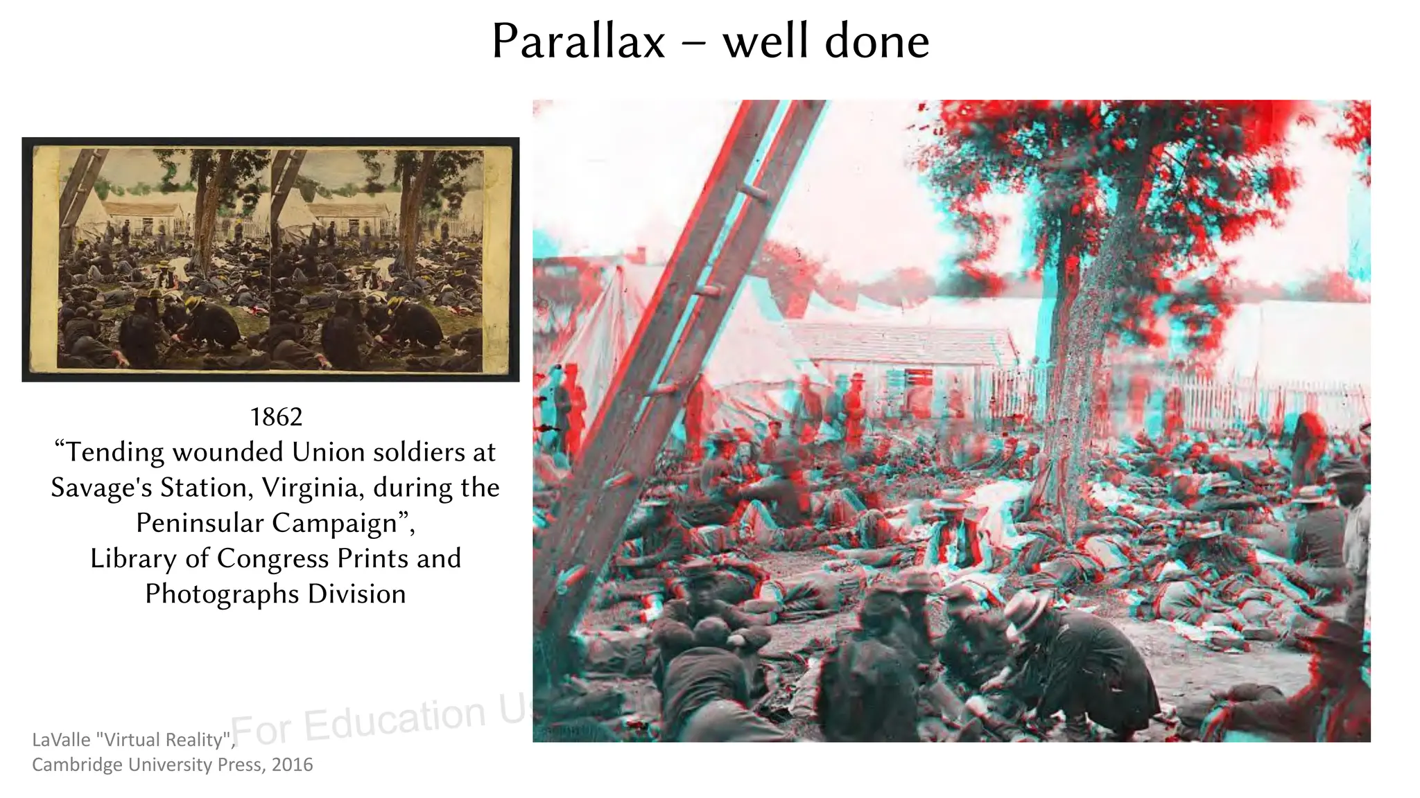 Parallax – well done
1862
“Tending wounded Union soldiers at
Savage's Station, Virginia, during the
Peninsular Campaign”,
Library of Congress Prints and
Photographs Division
LaValle "Virtual Reality",
Cambridge University Press, 2016
For Education Use Only, Edited by E.Y. Peng @ hku
 