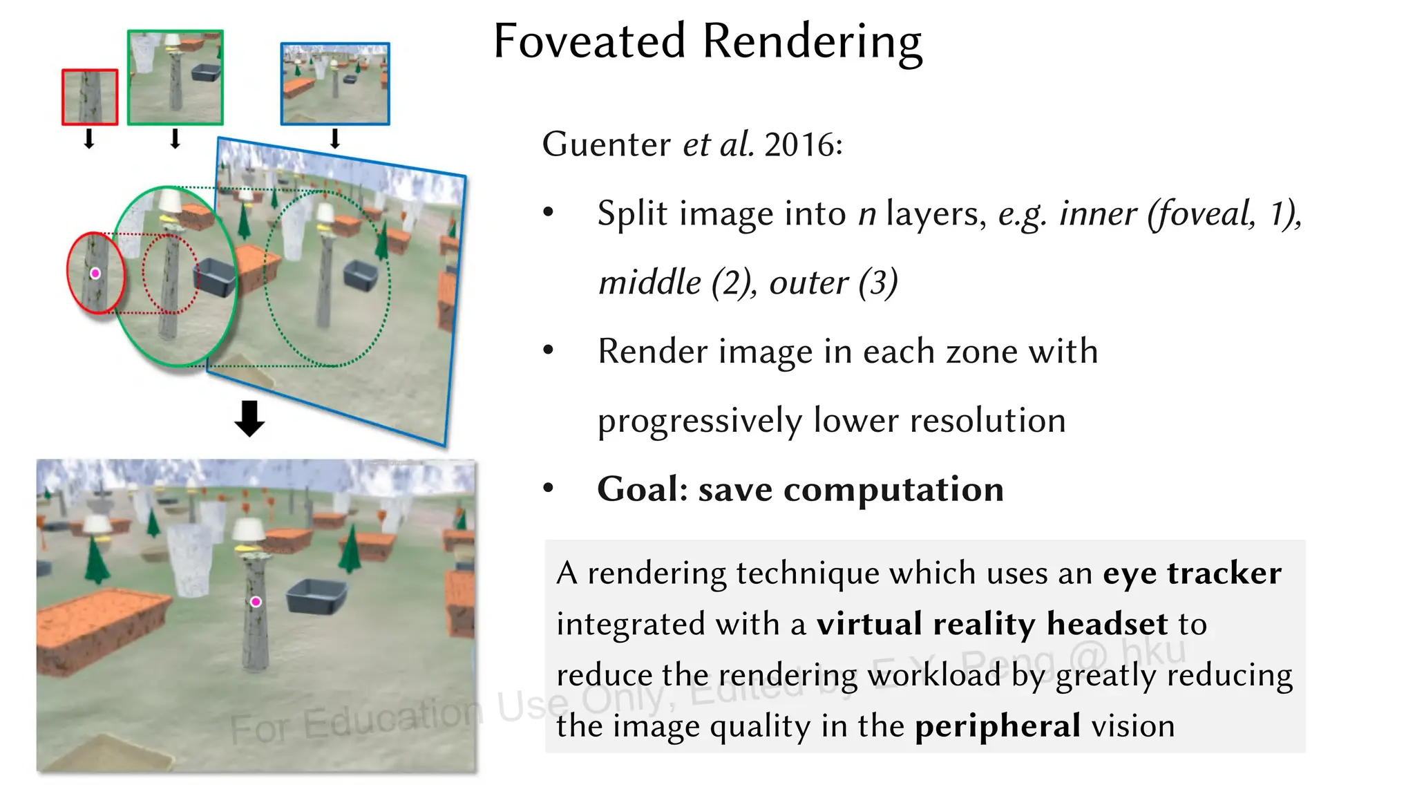 Foveated Rendering
Guenter et al. 2016:
• Split image into n layers, e.g. inner (foveal, 1),
middle (2), outer (3)
• Render image in each zone with
progressively lower resolution
• Goal: save computation
A rendering technique which uses an eye tracker
integrated with a virtual reality headset to
reduce the rendering workload by greatly reducing
the image quality in the peripheral vision
For Education Use Only, Edited by E.Y. Peng @ hku
 
