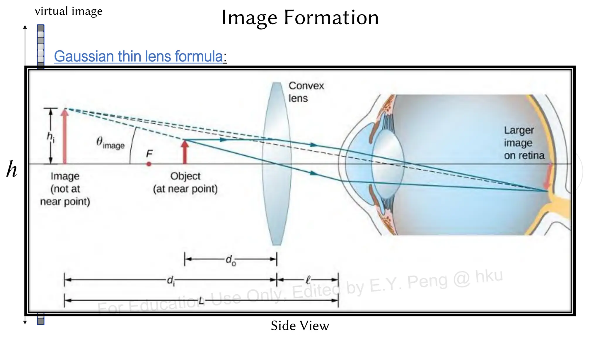 HMD
virtual image
Side View
d
1
d
+
1
d'
=
1
f
Û d =
1
1
f
-
1
d'
Gaussian thin lens formula:
Magnification:
M =
f
f - d'
Þ h = Mh'
h
deye
eye relief
lens
micro
display
f
d'
h'
Image Formation
For Education Use Only, Edited by E.Y. Peng @ hku
 