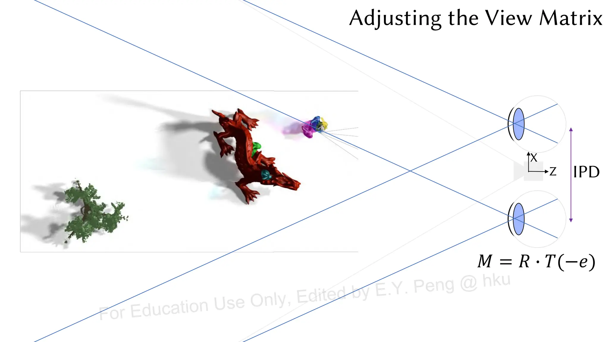 𝑀 = 𝑅 ∙ 𝑇(−𝑒)
Z
X
Adjusting the View Matrix
IPD
For Education Use Only, Edited by E.Y. Peng @ hku
 