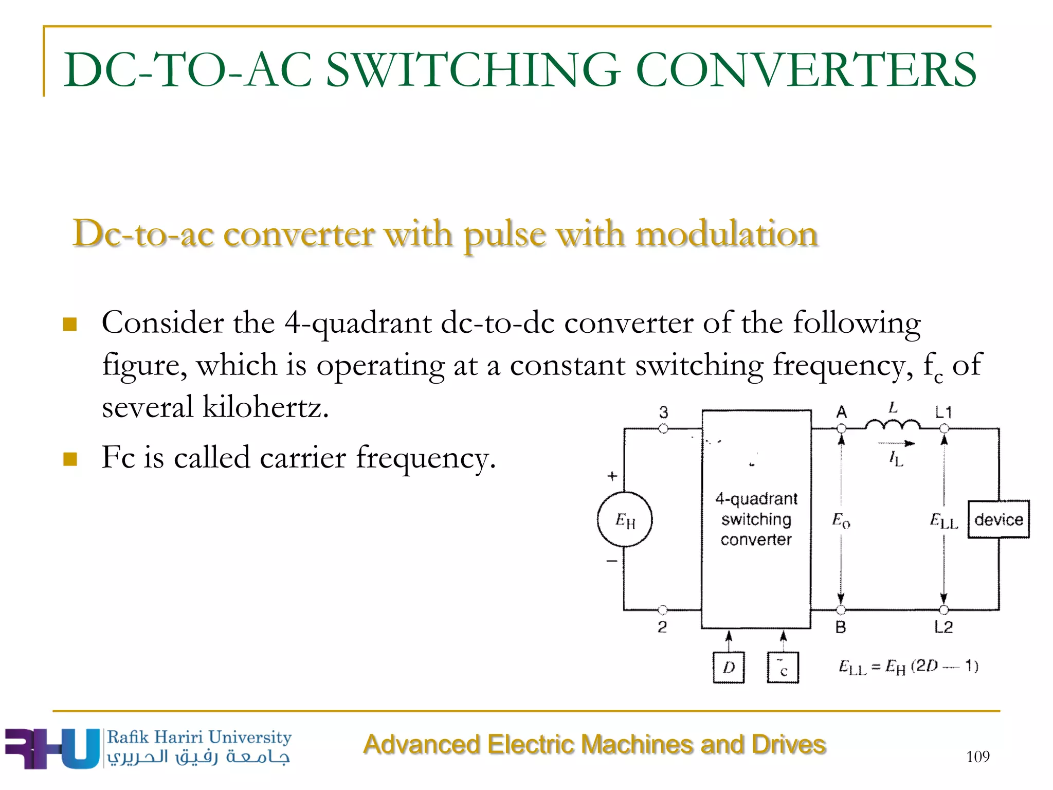 109
DC-TO-AC SWITCHING CONVERTERS
 Consider the 4-quadrant dc-to-dc converter of the following
figure, which is operating at a constant switching frequency, fc of
several kilohertz.
 Fc is called carrier frequency.
Advanced Electric Machines and Drives
Dc-to-ac converter with pulse with modulation
 