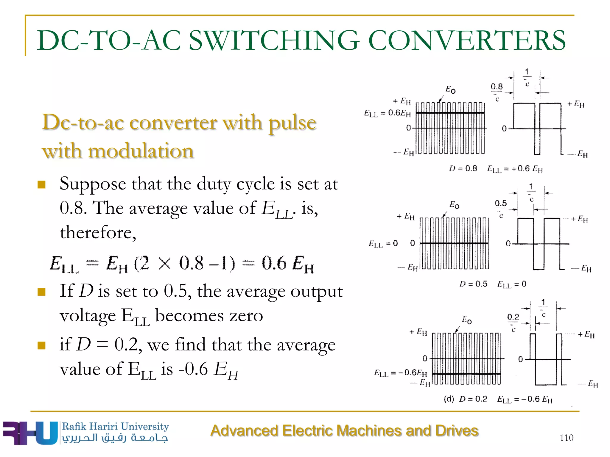 DC-TO-AC SWITCHING CONVERTERS
 Suppose that the duty cycle is set at
0.8. The average value of ELL. is,
therefore,
 If D is set to 0.5, the average output
voltage ELL becomes zero
 if D = 0.2, we find that the average
value of ELL is -0.6 EH
110
Advanced Electric Machines and Drives
Dc-to-ac converter with pulse
with modulation
 