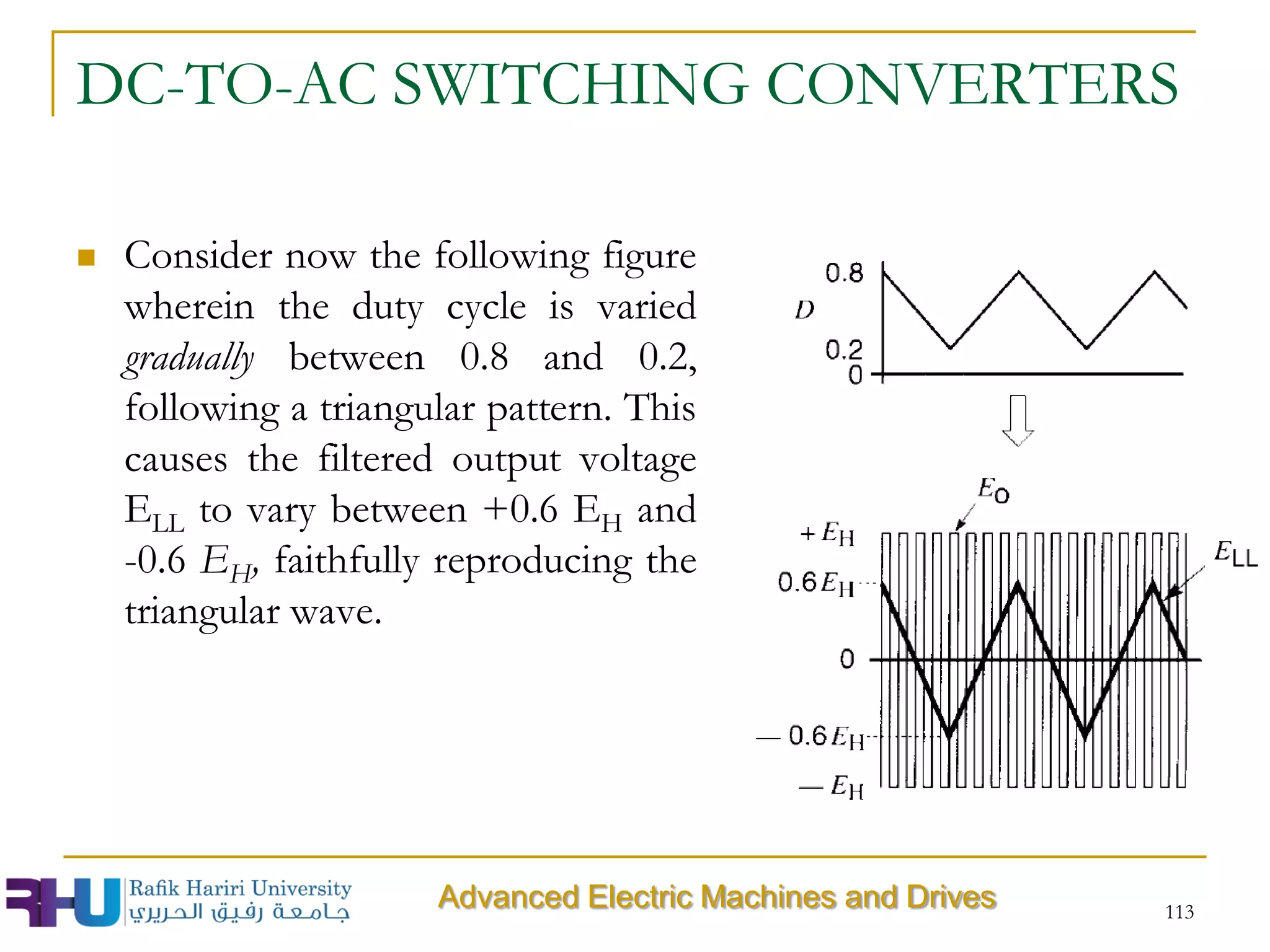 DC-TO-AC SWITCHING CONVERTERS
 Consider now the following figure
wherein the duty cycle is varied
gradually between 0.8 and 0.2,
following a triangular pattern. This
causes the filtered output voltage
ELL to vary between +0.6 EH and
-0.6 EH, faithfully reproducing the
triangular wave.
113
Advanced Electric Machines and Drives
 