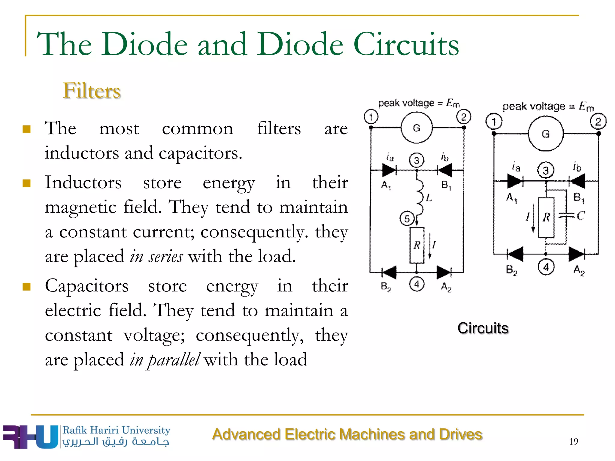  The most common filters are
inductors and capacitors.
 Inductors store energy in their
magnetic field. They tend to maintain
a constant current; consequently. they
are placed in series with the load.
 Capacitors store energy in their
electric field. They tend to maintain a
constant voltage; consequently, they
are placed in parallel with the load
19
The Diode and Diode Circuits
Filters
Advanced Electric Machines and Drives
Circuits
 