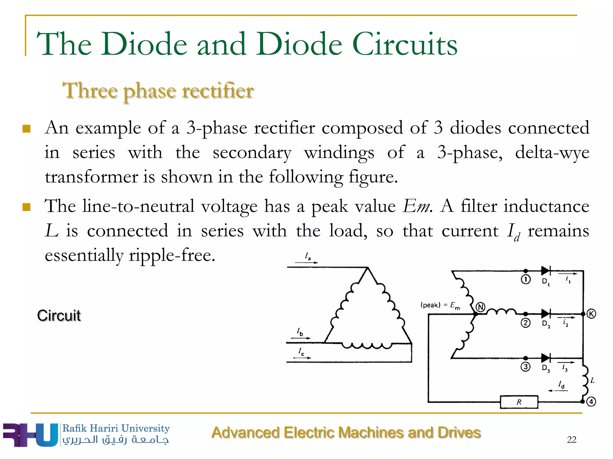  An example of a 3-phase rectifier composed of 3 diodes connected
in series with the secondary windings of a 3-phase, delta-wye
transformer is shown in the following figure.
 The line-to-neutral voltage has a peak value Em. A filter inductance
L is connected in series with the load, so that current Id remains
essentially ripple-free.
22
The Diode and Diode Circuits
Three phase rectifier
Advanced Electric Machines and Drives
Circuit
 