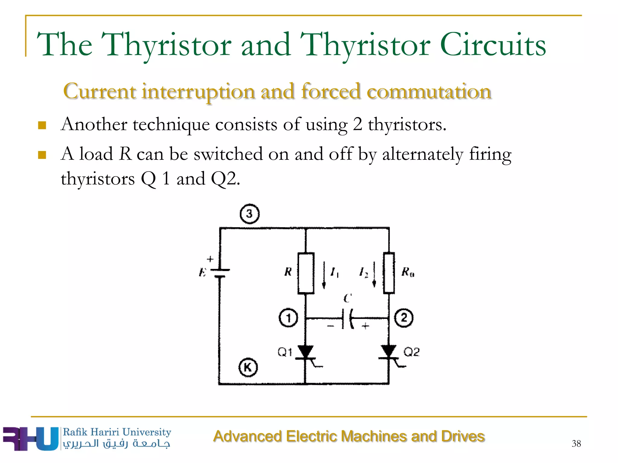  Another technique consists of using 2 thyristors.
 A load R can be switched on and off by alternately firing
thyristors Q 1 and Q2.
38
Advanced Electric Machines and Drives
The Thyristor and Thyristor Circuits
Current interruption and forced commutation
 
