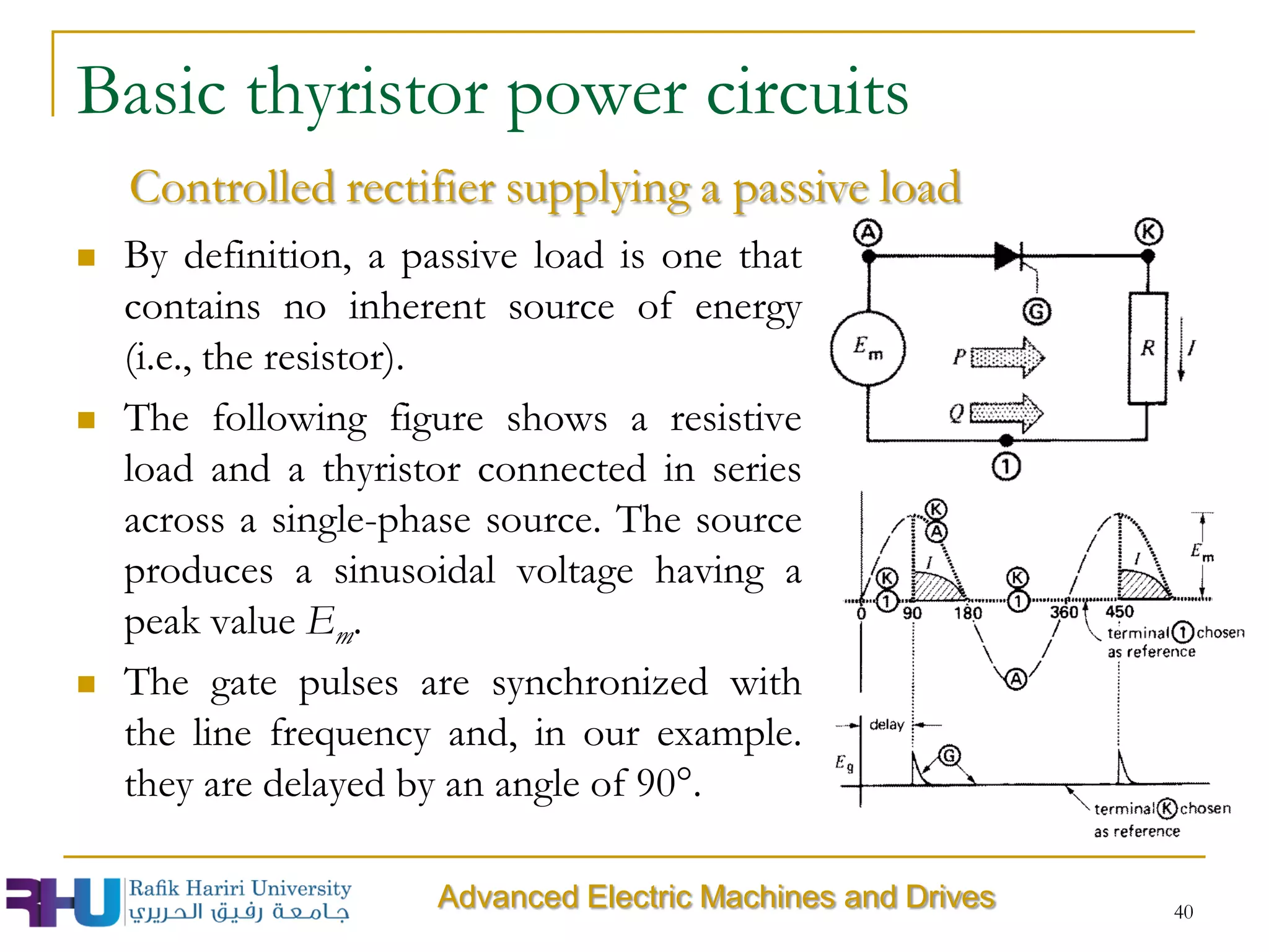  By definition, a passive load is one that
contains no inherent source of energy
(i.e., the resistor).
 The following figure shows a resistive
load and a thyristor connected in series
across a single-phase source. The source
produces a sinusoidal voltage having a
peak value Em.
 The gate pulses are synchronized with
the line frequency and, in our example.
they are delayed by an angle of 90°.
40
Basic thyristor power circuits
Controlled rectifier supplying a passive load
Advanced Electric Machines and Drives
 