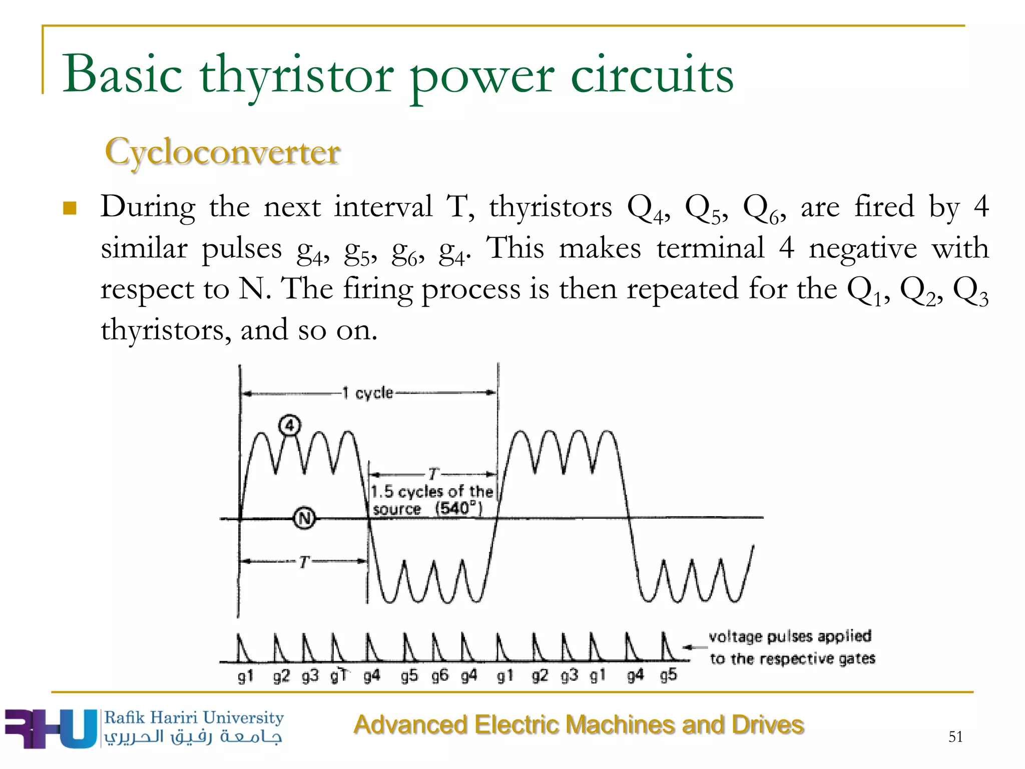  During the next interval T, thyristors Q4, Q5, Q6, are fired by 4
similar pulses g4, g5, g6, g4. This makes terminal 4 negative with
respect to N. The firing process is then repeated for the Q1, Q2, Q3
thyristors, and so on.
51
Advanced Electric Machines and Drives
Basic thyristor power circuits
Cycloconverter
 