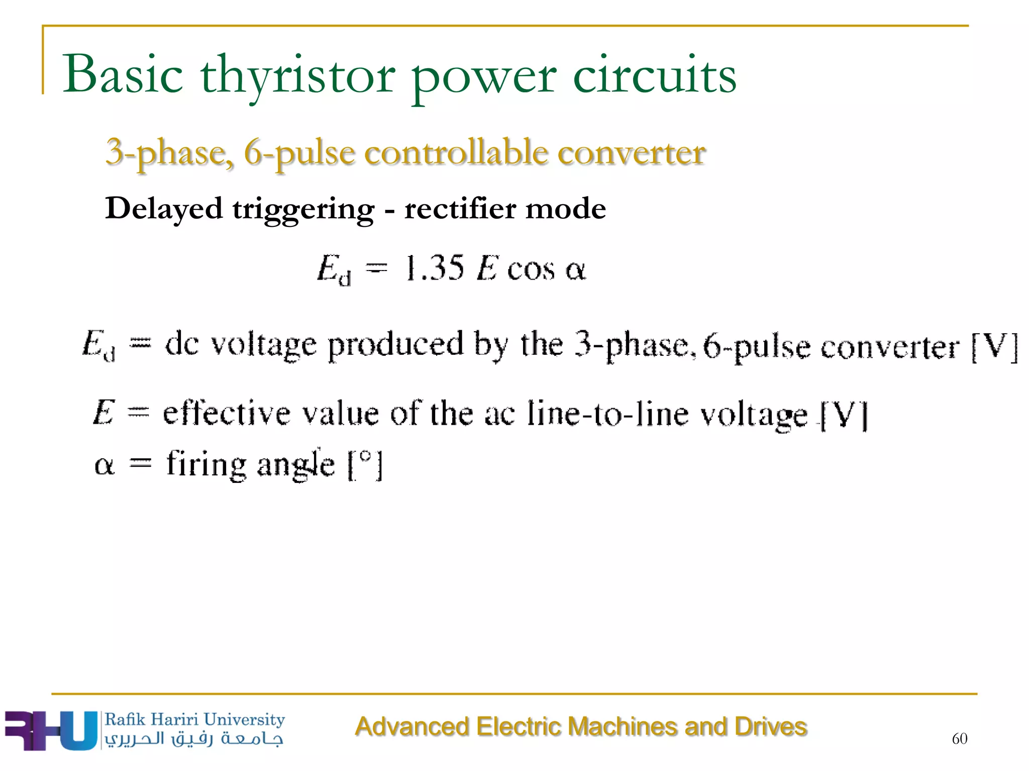 60
3-phase, 6-pulse controllable converter
Basic thyristor power circuits
Delayed triggering - rectifier mode
Advanced Electric Machines and Drives
 