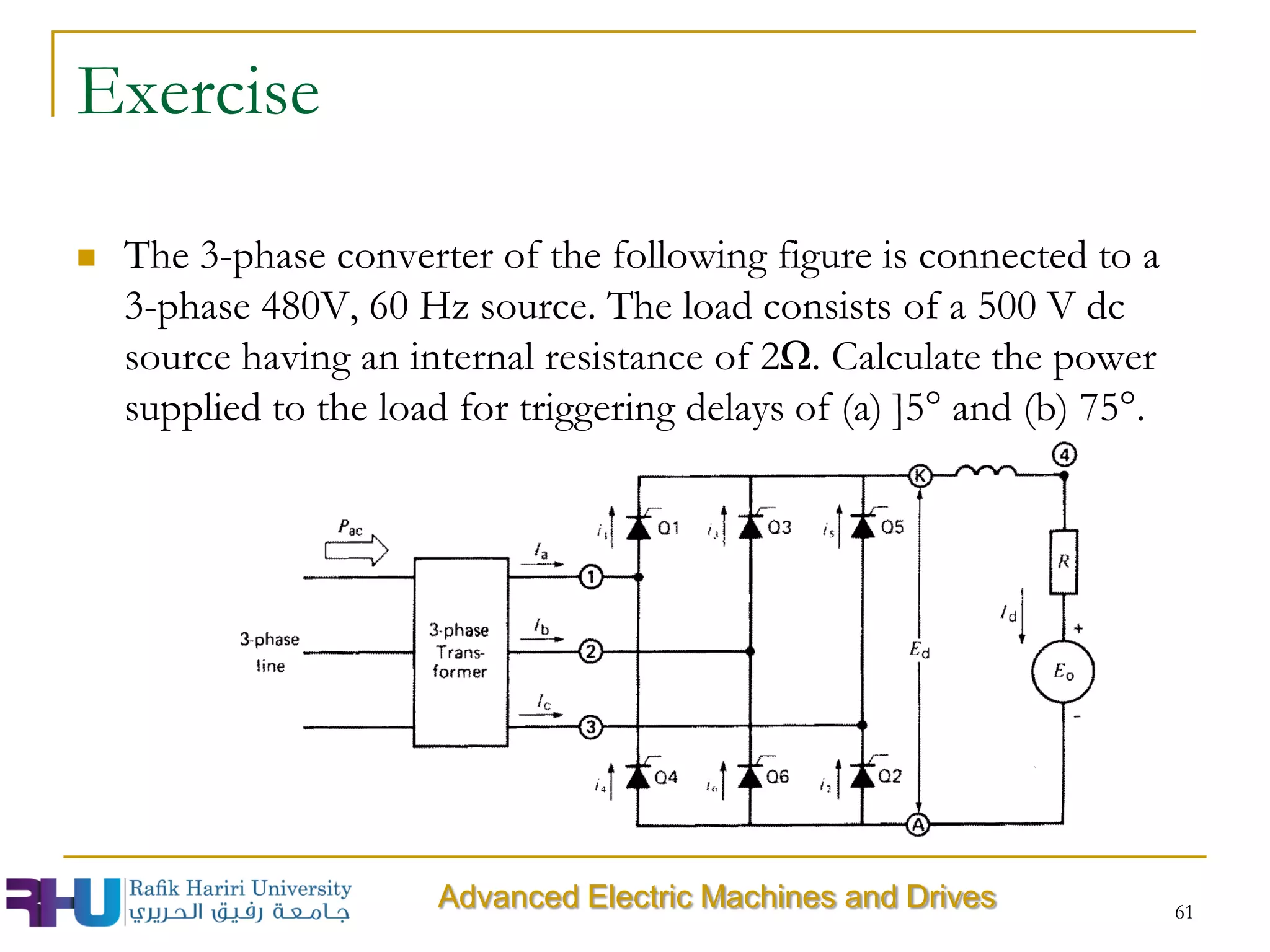 Exercise
 The 3-phase converter of the following figure is connected to a
3-phase 480V, 60 Hz source. The load consists of a 500 V dc
source having an internal resistance of 2Ω. Calculate the power
supplied to the load for triggering delays of (a) ]5° and (b) 75°.
61
Advanced Electric Machines and Drives
 