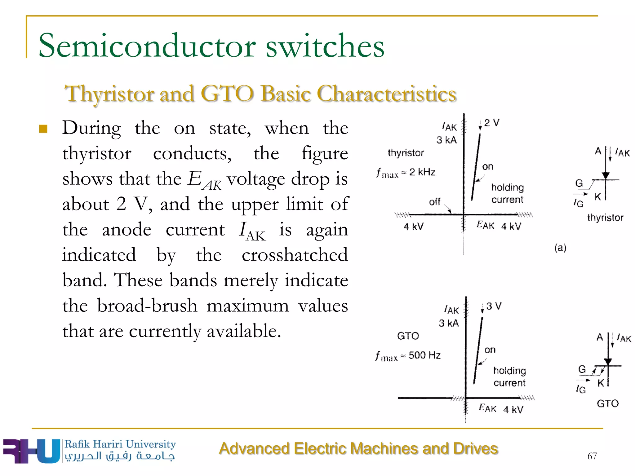 67
Semiconductor switches
 During the on state, when the
thyristor conducts, the figure
shows that the EAK voltage drop is
about 2 V, and the upper limit of
the anode current IAK is again
indicated by the crosshatched
band. These bands merely indicate
the broad-brush maximum values
that are currently available.
Thyristor and GTO Basic Characteristics
Advanced Electric Machines and Drives
 