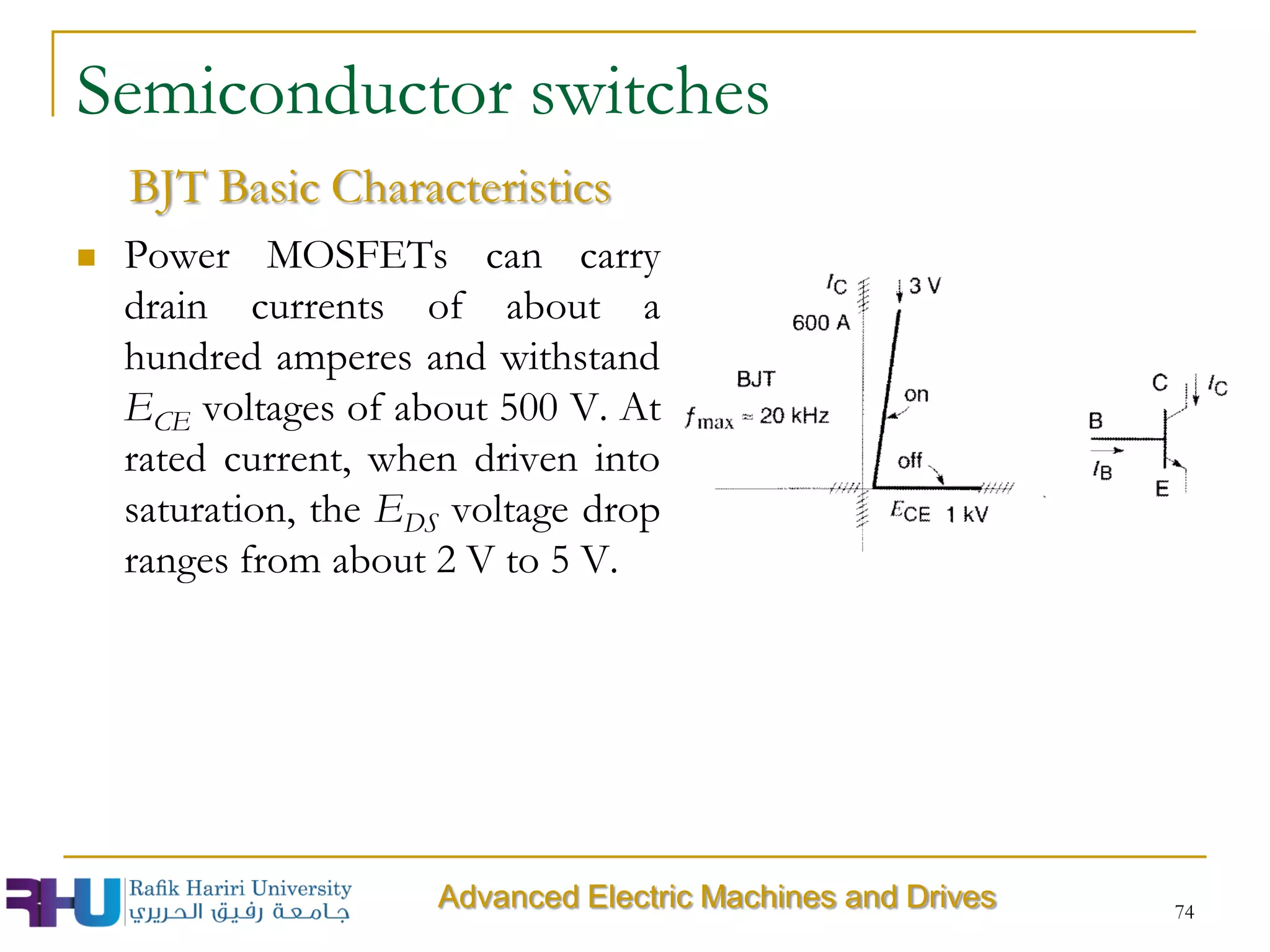 74
Semiconductor switches
 Power MOSFETs can carry
drain currents of about a
hundred amperes and withstand
ECE voltages of about 500 V. At
rated current, when driven into
saturation, the EDS voltage drop
ranges from about 2 V to 5 V.
BJT Basic Characteristics
Advanced Electric Machines and Drives
 