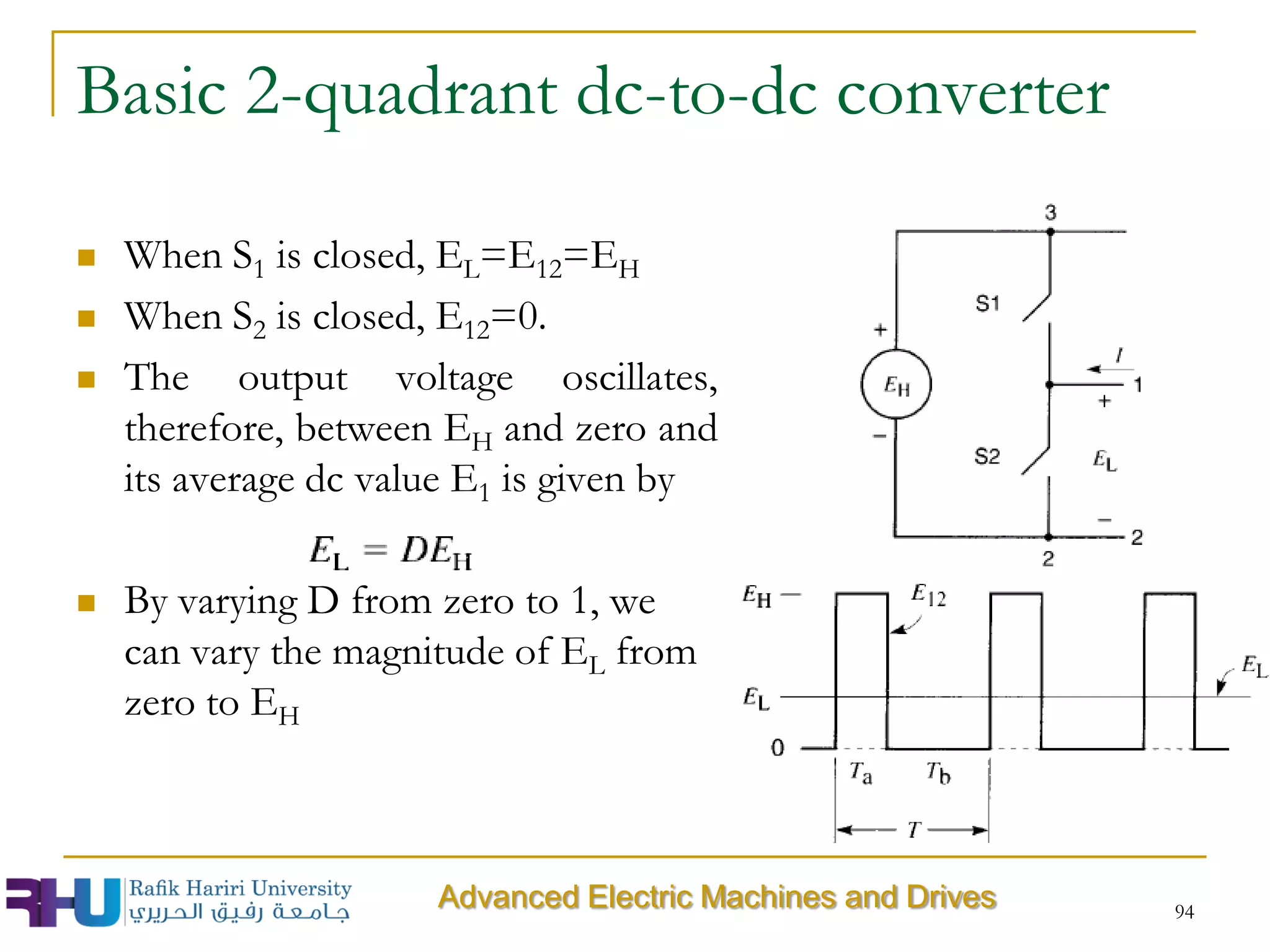 Basic 2-quadrant dc-to-dc converter
 When S1 is closed, EL=E12=EH
 When S2 is closed, E12=0.
 The output voltage oscillates,
therefore, between EH and zero and
its average dc value E1 is given by
 By varying D from zero to 1, we
can vary the magnitude of EL from
zero to EH
94
Advanced Electric Machines and Drives
 
