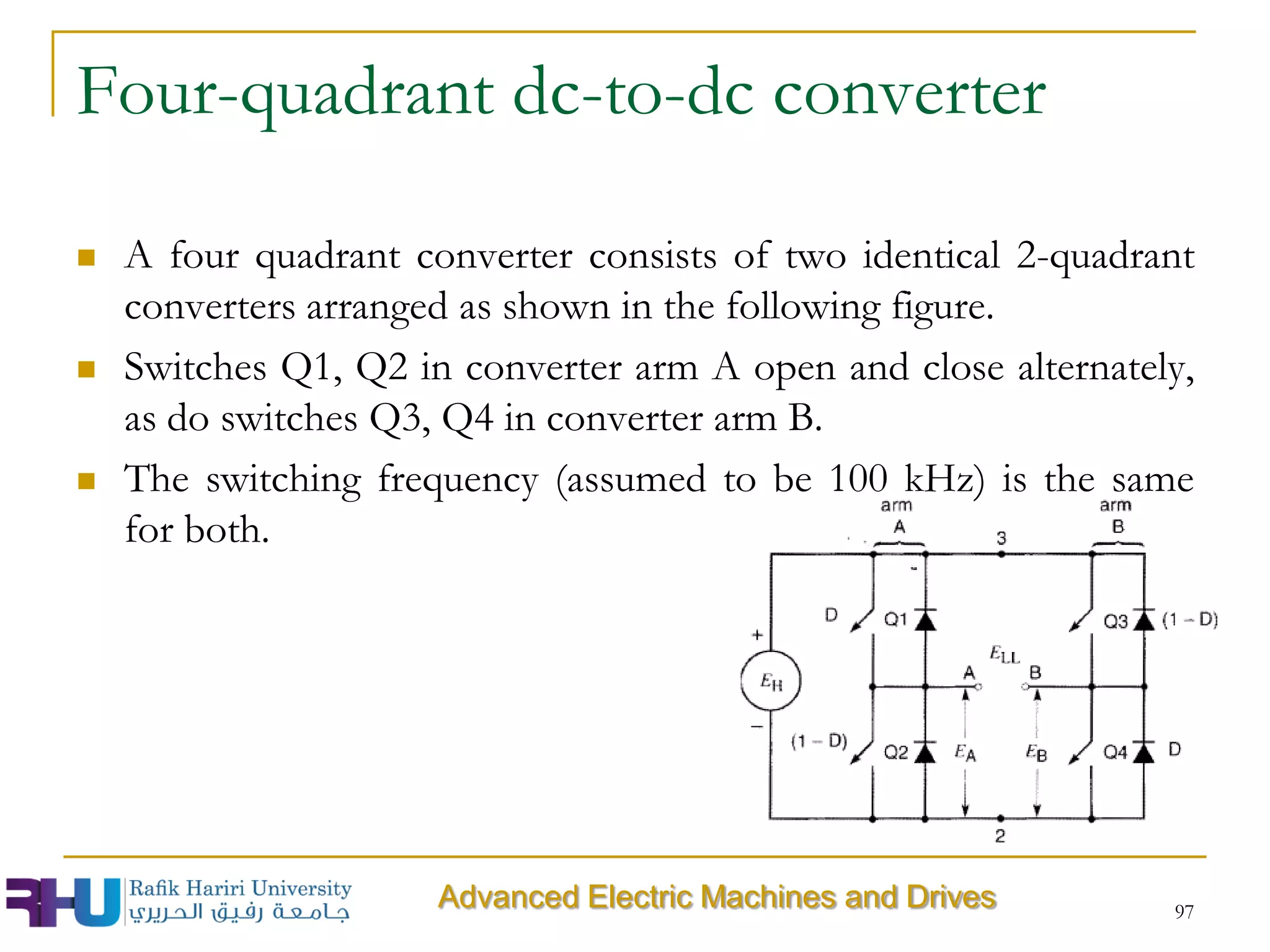 Four-quadrant dc-to-dc converter
 A four quadrant converter consists of two identical 2-quadrant
converters arranged as shown in the following figure.
 Switches Q1, Q2 in converter arm A open and close alternately,
as do switches Q3, Q4 in converter arm B.
 The switching frequency (assumed to be 100 kHz) is the same
for both.
97
Advanced Electric Machines and Drives
 