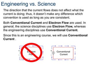 Engineering vs. Science
The direction that the current flows does not affect what the
current is doing; thus, it doesn’t make any difference which
convention is used as long as you are consistent.
Both Conventional Current and Electron Flow are used. In
general, the science disciplines use Electron Flow, whereas
the engineering disciplines use Conventional Current.
Since this is an engineering course, we will use Conventional
Current .
Electron
Flow
Conventional
Current
 