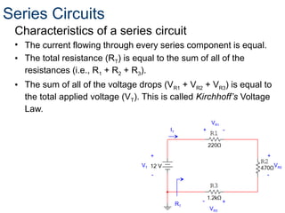 Characteristics of a series circuit
• The current flowing through every series component is equal.
• The total resistance (RT) is equal to the sum of all of the
resistances (i.e., R1 + R2 + R3).
• The sum of all of the voltage drops (VR1 + VR2 + VR3) is equal to
the total applied voltage (VT). This is called Kirchhoff’s Voltage
Law.
VT
+
-
VR2
+
-
VR1
+ -
VR3
+
-
RT
IT
Series Circuits
 