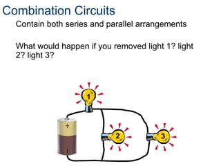 Combination Circuits
Contain both series and parallel arrangements
What would happen if you removed light 1? light
2? light 3?
1
2 3
 