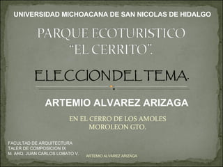 EN EL CERRO DE LOS AMOLES MOROLEON GTO. ARTEMIO ALVAREZ ARIZAGA UNIVERSIDAD MICHOACANA DE SAN NICOLAS DE HIDALGO FACULTAD DE ARQUITECTURA TALER DE COMPOSICION IX M. ARQ. JUAN CARLOS LOBATO V. ARTEMIO ALVAREZ ARIZAGA 