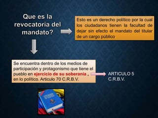 Esto es un derecho político por la cual 
los ciudadanos tienen la facultad de 
dejar sin efecto el mandato del titular 
de un cargo público. 
Se encuentra dentro de los medios de 
participación y protagonismo que tiene el 
pueblo en ejercicio de su soberanía , 
en lo político. Articulo 70 C.R.B.V. 
ARTICULO 5 
C.R.B.V. 
 