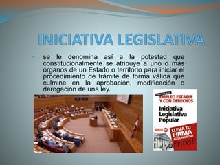 • se le denomina así a la potestad que 
constitucionalmente se atribuye a uno o más 
órganos de un Estado o territorio para iniciar el 
procedimiento de trámite de forma válida que 
culmine en la aprobación, modificación o 
derogación de una ley. 
 
