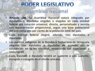 • Artículo 186. La Asamblea Nacional estará integrada por 
diputados y diputadas elegidos o elegidas en cada entidad 
federal por votación universal, directa, personalizada y secreta 
con representación proporcional, según una base poblacional 
del uno coma uno por ciento de la población total del país. 
• Cada entidad federal elegirá, además, tres diputados o 
diputadas. 
• Los pueblos indígenas de la República Bolivariana de Venezuela 
elegirán tres diputados o diputadas de acuerdo con lo 
establecido en la ley electoral, respetando sus tradiciones y 
costumbres. 
• Cada diputado o diputada tendrá un suplente o una suplente, 
escogido o escogida en el mismo proceso. 
 