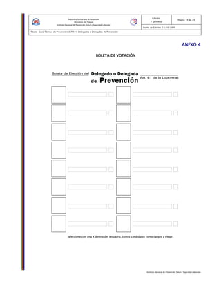 Instituto Nacional de Prevención, Salud y Seguridad Laborales
Edición:
1 (primera)
Pagina 19 de 29
Fecha de Edición: 13/10/2005
Titulo: Guía Técnica de Prevención (GTP) 1: Delegados o Delegadas de Prevención
República Bolivariana de Venezuela
Ministerio del Trabajo
Instituto Nacional de Prevención, Salud y Seguridad Laborales
ANEXO 4ANEXO 4ANEXO 4ANEXO 4
BOLETA DE VOTACIÓNBOLETA DE VOTACIÓNBOLETA DE VOTACIÓNBOLETA DE VOTACIÓN
 