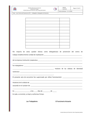 Instituto Nacional de Prevención, Salud y Seguridad Laborales
Edición:
1 (primera)
Pagina 25 de 29
Fecha de Edición: 13/10/2005
Titulo: Guía Técnica de Prevención (GTP) 1: Delegados o Delegadas de Prevención
República Bolivariana de Venezuela
Ministerio del Trabajo
Instituto Nacional de Prevención, Salud y Seguridad Laborales
Por mayoría de votos quedan electos como delegados(as) de prevención del centro de
trabajo/establecimiento/unidad de explotación:_________________________________________________________
________________________________________________________________________________________________________
de la empresa/institución/cooperativa __________________________________________________________________
________________________________________________________________________________________________________
los trabajadores: _______________________________________________________________________________________
_____________________________________________________________, titulares de las cédulas de identidad
número(s): _____________________________________________________________________________________________
_____________________________________________________________.
El presente acto de escrutinio fue supervisado por el(los) funcionario(s): ______________________________
________________________________________________________________________________________________________
titular(es) de la cédula de: ______________________________________________________________________________
actuando en el carácter de: _____________________________________________________________________________
________________________________________________________________________________________________________
En _______________________ a los _____ días de ___________ de ______
Es todo, se terminó, se leyó y conformes firman.
Los TrabajadoresLos TrabajadoresLos TrabajadoresLos Trabajadores El Funcionario ActuanteEl Funcionario ActuanteEl Funcionario ActuanteEl Funcionario Actuante
 