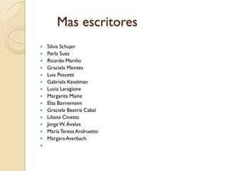 Mas escritores
   Silvia Schujer
   Perla Suez
   Ricardo Mariño
   Graciela Montes
   Luis Pescetti
   Gabriela Keselman
   Lucía Laragione
   Margarita Maine
   Elsa Bornemann
   Graciela Beatriz Cabal
   Liliana Cinetto
   Jorge W. Ávalos
   María Teresa Andruetto
   Margara Averbach.

 