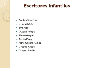 Escritores infantiles

   Esteban Valentino
   Javier Villafañe
   Ema Wolf
   Douglas Wright
   Álvaro Yunque
   Cecilia Pisos
   María Cristina Ramos
   Graciela Repón
   Gustavo Roldán
 