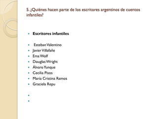 5. ¿Quiénes hacen parte de los escritores argentinos de cuentos
infantiles?



   Escritores infantiles

    Esteban Valentino
   Javier Villafañe
   Ema Wolf
   Douglas Wright
   Álvaro Yunque
   Cecilia Pisos
   María Cristina Ramos
   Graciela Repu



 