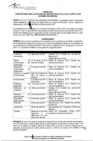 ADENDA 004 - Convocatoria para la elección del revisor Fiscal de la E.S.E Hospital San Jerónimo de Montería
