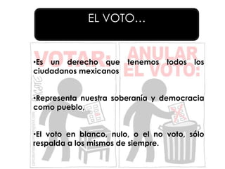 EL VOTO…


•Es un derecho que      tenemos   todos   los
ciudadanos mexicanos


•Representa nuestra soberanía y democracia
como pueblo,


•El voto en blanco, nulo, o el no voto, sólo
respalda a los mismos de siempre.
 