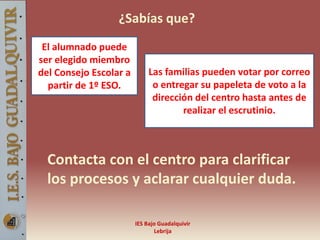 IES Bajo Guadalquivir
Lebrija
¿Sabías que?
El alumnado puede
ser elegido miembro
del Consejo Escolar a
partir de 1º ESO.
Las familias pueden votar por correo
o entregar su papeleta de voto a la
dirección del centro hasta antes de
realizar el escrutinio.
Contacta con el centro para clarificar
los procesos y aclarar cualquier duda.
 