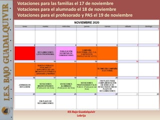 IES Bajo Guadalquivir
Lebrija
Votaciones para las familias el 17 de noviembre
Votaciones para el alumnado el 18 de noviembre
Votaciones para el profesorado y PAS el 19 de noviembre
 