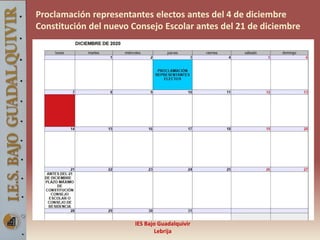 IES Bajo Guadalquivir
Lebrija
Proclamación representantes electos antes del 4 de diciembre
Constitución del nuevo Consejo Escolar antes del 21 de diciembre
 
