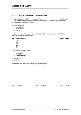 ELECCIÓ DE DELEGAT
_________________________________________________
ACTA D'ELECCIÓ DE DELEGAT I SOTSDELEGAT.
En Esparreguera, sent les hores del dia de del 2005,
s'ha reunit el curs per a celebrar l'elecció de Delegat i Sotsdelegat, degudament
convocada pel tutor/a del grup .
Han actuat com a:
- President :
- Secretari :
- Vocal :
Després de presentar el procediment de l'elecció, s'ha efectuat la votació i els
resultats han estat els següents:
NOM D'ALUMNE/A Nº DE VOTS
1º
2º
3º
4º
5º
#Així_doncs, queden triats:
- Delegat :
- Sotsdelegat :
1r. Reserva :
2n Reserva :
Sense altre assumpte que tractar, s'aixeca la sessió.
Sat: El Tutor/a Sat: El Secretari Sat: El Vocal
______________________________________________________________________
Coordinació Pedagògica IES El Cairat. Esparreguera
 