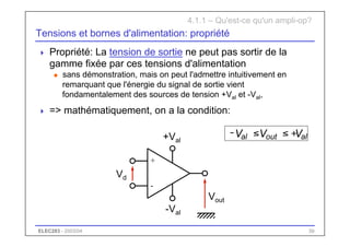 ELEC283 - 2003/04 30
Tensions et bornes d'alimentation: propriété
 Propriété: La tension de sortie ne peut pas sortir de la
gamme fixée par ces tensions d'alimentation
u sans démonstration, mais on peut l'admettre intuitivement en
remarquant que l'énergie du signal de sortie vient
fondamentalement des sources de tension +Val et -Val,
 => mathématiquement, on a la condition:
+
-
4.1.1 – Qu'est-ce qu'un ampli-op?
Vout
Vd
+Val
-Val
al
out
al V
V
V +
≤
≤
-
 