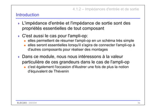 ELEC283 - 2003/04 36
Introduction
 L'impédance d'entrée et l'impédance de sortie sont des
propriétés essentielles de tout composant
 C'est aussi le cas pour l'ampli-op:
u elles permettent de résumer l'ampli-op en un schéma très simple
u elles seront essentielles lorsqu'il s'agira de connecter l'ampli-op à
d'autres composants pour réaliser des montages
 Dans ce module, nous nous intéressons à la valeur
particulière de ces grandeurs dans le cas de l'ampli-op
u c'est également l'occasion d'illustrer une fois de plus la notion
d'équivalent de Thévenin
4.1.2 – Impédances d'entrée et de sortie
 