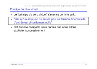 ELEC283 - 2003/04 64
Principe du zéro virtuel
 Le "principe du zéro virtuel" s'énonce comme suit...
 "tant qu'un ampli-op ne sature pas, sa tension différentielle
d'entrée est virtuellement nulle"
 Cet énoncé comporte deux parties que nous allons
expliciter successivement
4.1.3 – Caractéristique de transfert et principe du zéro virtuel
 