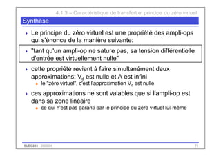 ELEC283 - 2003/04 71
Synthèse
 Le principe du zéro virtuel est une propriété des ampli-ops
qui s'énonce de la manière suivante:
 "tant qu'un ampli-op ne sature pas, sa tension différentielle
d'entrée est virtuellement nulle"
 cette propriété revient à faire simultanément deux
approximations: Vd est nulle et A est infini
u le "zéro virtuel", c'est l'approximation Vd est nulle
 ces approximations ne sont valables que si l'ampli-op est
dans sa zone linéaire
u ce qui n'est pas garanti par le principe du zéro virtuel lui-même
4.1.3 – Caractéristique de transfert et principe du zéro virtuel
 