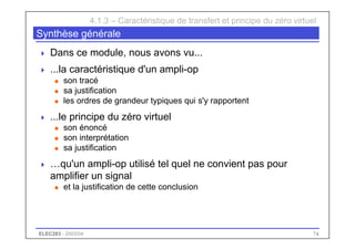 ELEC283 - 2003/04 74
Synthèse générale
 Dans ce module, nous avons vu...
 ...la caractéristique d'un ampli-op
u son tracé
u sa justification
u les ordres de grandeur typiques qui s'y rapportent
 ...le principe du zéro virtuel
u son énoncé
u son interprétation
u sa justification
 …qu'un ampli-op utilisé tel quel ne convient pas pour
amplifier un signal
u et la justification de cette conclusion
4.1.3 – Caractéristique de transfert et principe du zéro virtuel
 