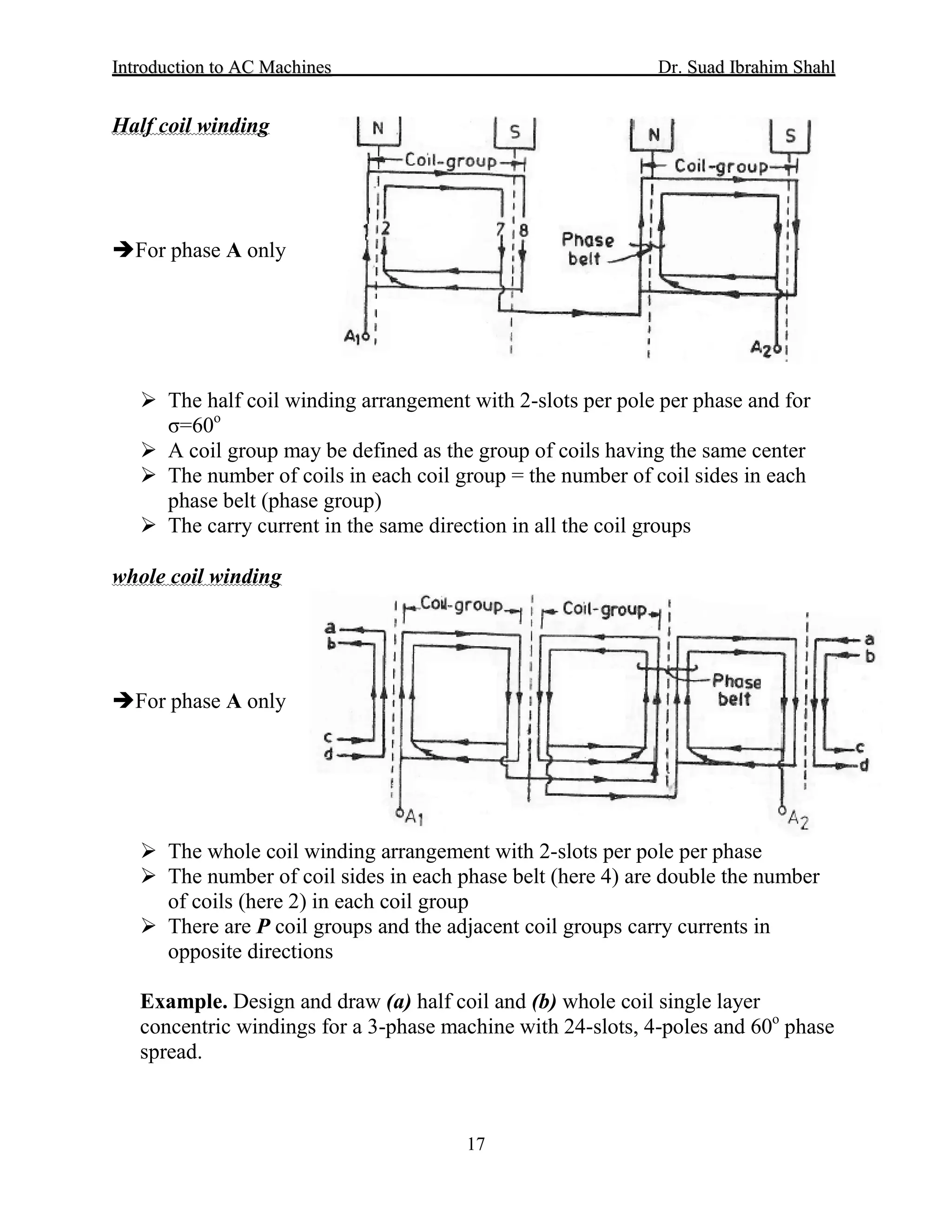 IInnttrroodduuccttiioonn ttoo AACC MMaacchhiinneess Dr. SSuuaadd IIbbrraahhiimm SShhaahhll
17
Half coil winding
For phase A only
 The half coil winding arrangement with 2-slots per pole per phase and for
σ=60o
 A coil group may be defined as the group of coils having the same center
 The number of coils in each coil group = the number of coil sides in each
phase belt (phase group)
 The carry current in the same direction in all the coil groups
whole coil winding
For phase A only
 The whole coil winding arrangement with 2-slots per pole per phase
 The number of coil sides in each phase belt (here 4) are double the number
of coils (here 2) in each coil group
 There are P coil groups and the adjacent coil groups carry currents in
opposite directions
Example. Design and draw (a) half coil and (b) whole coil single layer
concentric windings for a 3-phase machine with 24-slots, 4-poles and 60o
phase
spread.
 