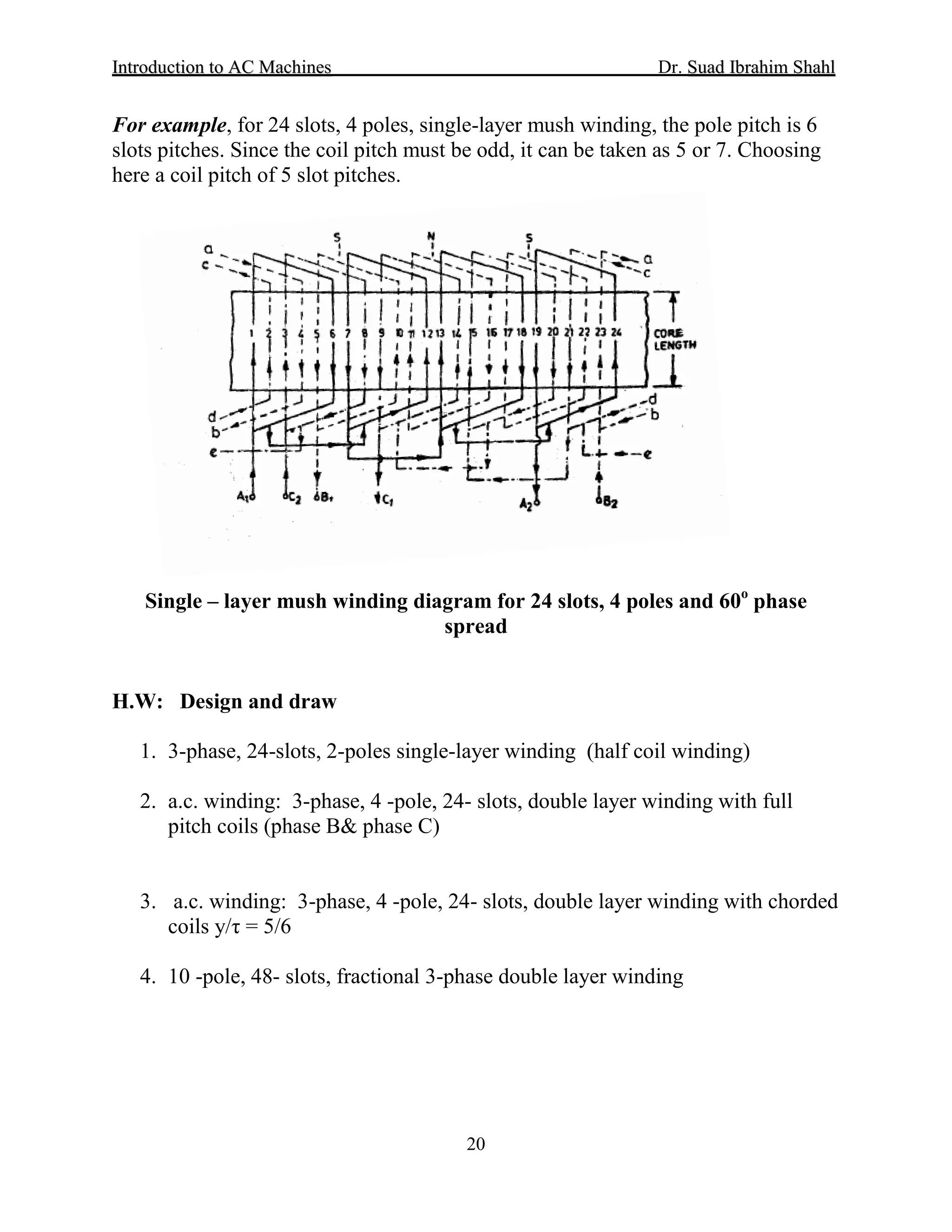 IInnttrroodduuccttiioonn ttoo AACC MMaacchhiinneess Dr. SSuuaadd IIbbrraahhiimm SShhaahhll
20
For example, for 24 slots, 4 poles, single-layer mush winding, the pole pitch is 6
slots pitches. Since the coil pitch must be odd, it can be taken as 5 or 7. Choosing
here a coil pitch of 5 slot pitches.
Single – layer mush winding diagram for 24 slots, 4 poles and 60o
phase
spread
H.W: Design and draw
1. 3-phase, 24-slots, 2-poles single-layer winding (half coil winding)
2. a.c. winding: 3-phase, 4 -pole, 24- slots, double layer winding with full
pitch coils (phase B& phase C)
3. a.c. winding: 3-phase, 4 -pole, 24- slots, double layer winding with chorded
coils y/τ = 5/6
4. 10 -pole, 48- slots, fractional 3-phase double layer winding
 
