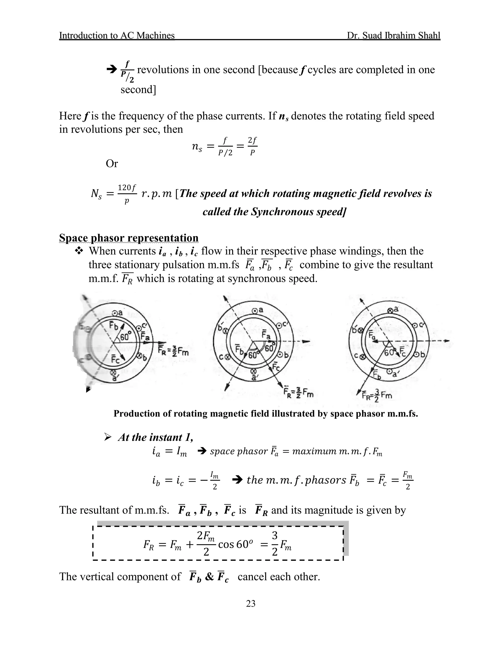 IInnttrroodduuccttiioonn ttoo AACC MMaacchhiinneess Dr. SSuuaadd IIbbrraahhiimm SShhaahhll
23

𝒇𝒇
𝑷𝑷
𝟐𝟐�
revolutions in one second [because f cycles are completed in one
second]
Here f is the frequency of the phase currents. If ns
𝑛𝑛𝑠𝑠 =
𝑓𝑓
𝑃𝑃 2⁄
=
2𝑓𝑓
𝑃𝑃
denotes the rotating field speed
in revolutions per sec, then
Or
𝑁𝑁𝑠𝑠 =
120𝑓𝑓
𝑝𝑝
𝑟𝑟. 𝑝𝑝. 𝑚𝑚 [The speed at which rotating magnetic field revolves is
called the Synchronous speed]
Space phasor representation
 When currents ia , ib , ic
Production of rotating magnetic field illustrated by space phasor m.m.fs.
flow in their respective phase windings, then the
three stationary pulsation m.m.fs 𝐹𝐹𝑎𝑎
� ,𝐹𝐹𝑏𝑏
��� , 𝐹𝐹𝑐𝑐
� combine to give the resultant
m.m.f. 𝐹𝐹𝑅𝑅
��� which is rotating at synchronous speed.
 At the instant 1,
𝑖𝑖𝑎𝑎 = 𝐼𝐼𝑚𝑚  𝑠𝑠𝑠𝑠𝑠𝑠𝑠𝑠𝑠𝑠 𝑝𝑝ℎ𝑎𝑎𝑎𝑎𝑎𝑎𝑎𝑎 𝐹𝐹�𝑎𝑎 = 𝑚𝑚𝑚𝑚𝑚𝑚𝑚𝑚 𝑚𝑚𝑚𝑚𝑚𝑚 𝑚𝑚. 𝑚𝑚. 𝑓𝑓. 𝐹𝐹𝑚𝑚
𝑖𝑖𝑏𝑏 = 𝑖𝑖𝑐𝑐 = −
𝐼𝐼𝑚𝑚
2
 𝑡𝑡ℎ𝑒𝑒 𝑚𝑚. 𝑚𝑚. 𝑓𝑓. 𝑝𝑝ℎ𝑎𝑎𝑎𝑎𝑎𝑎𝑎𝑎𝑎𝑎 𝐹𝐹�𝑏𝑏 = 𝐹𝐹�𝑐𝑐 =
𝐹𝐹𝑚𝑚
2
The resultant of m.m.fs. 𝑭𝑭�𝒂𝒂 , 𝑭𝑭�𝒃𝒃 , 𝑭𝑭�𝒄𝒄 is 𝑭𝑭� 𝑹𝑹 and its magnitude is given by
The vertical component of 𝑭𝑭�𝒃𝒃 & 𝑭𝑭�𝒄𝒄 cancel each other.
𝐹𝐹𝑅𝑅 = 𝐹𝐹𝑚𝑚 +
2𝐹𝐹𝑚𝑚
2
cos 60𝑜𝑜
=
3
2
𝐹𝐹𝑚𝑚
 