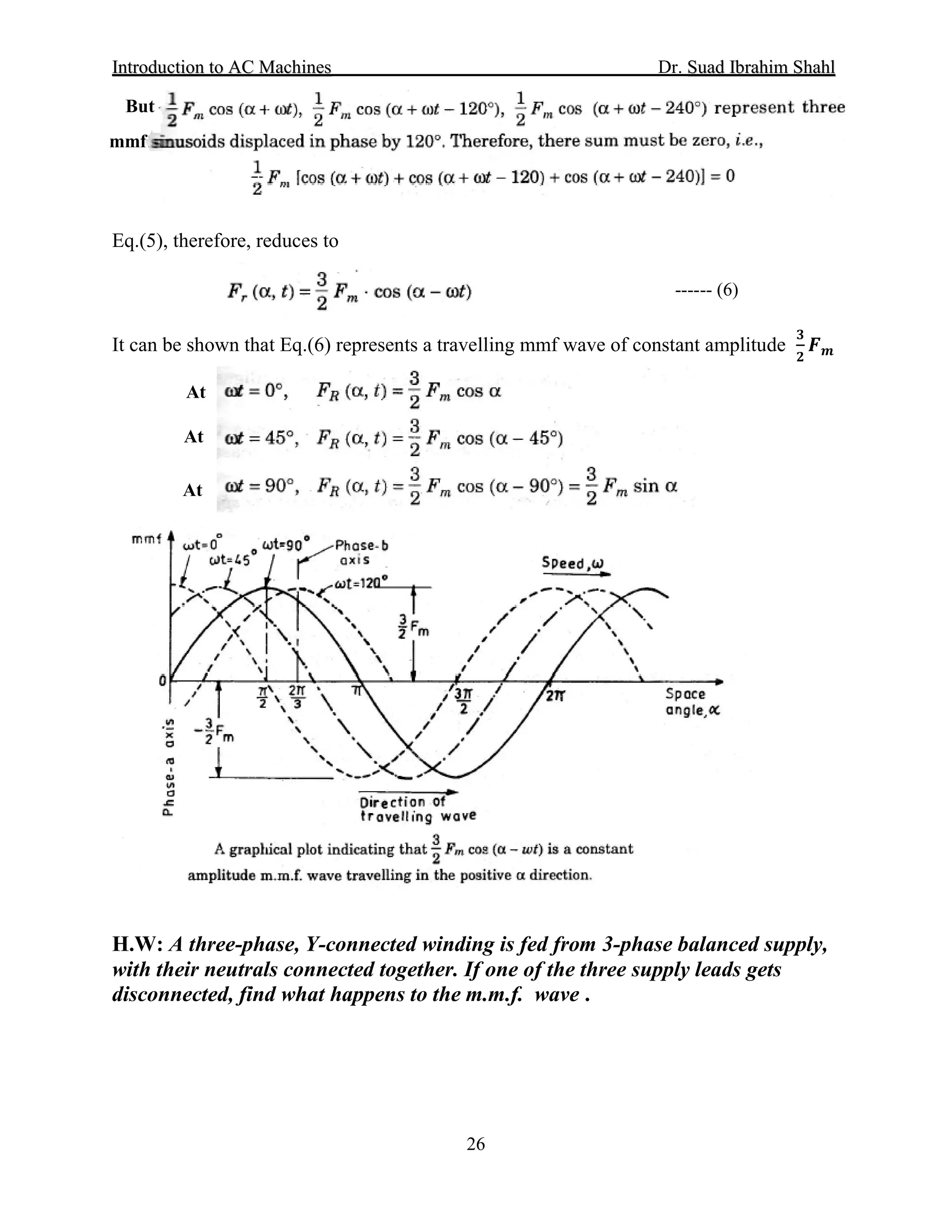 IInnttrroodduuccttiioonn ttoo AACC MMaacchhiinneess Dr. SSuuaadd IIbbrraahhiimm SShhaahhll
26
Eq.(5), therefore, reduces to
It can be shown that Eq.(6) represents a travelling mmf wave of constant amplitude
𝟑𝟑
𝟐𝟐
𝑭𝑭 𝒎𝒎
H.W: A three-phase, Y-connected winding is fed from 3-phase balanced supply,
with their neutrals connected together. If one of the three supply leads gets
disconnected, find what happens to the m.m.f. wave .
But
mmf
------ (6)
At
At
At
 