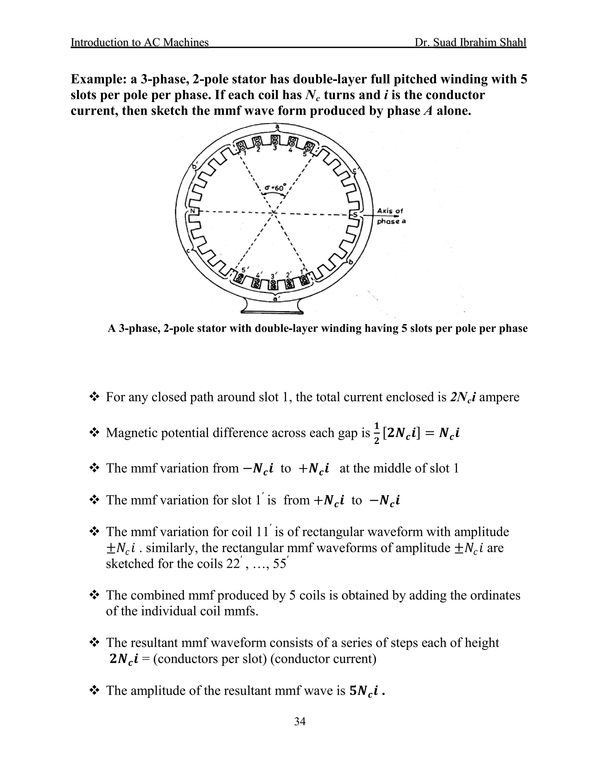 IInnttrroodduuccttiioonn ttoo AACC MMaacchhiinneess Dr. SSuuaadd IIbbrraahhiimm SShhaahhll
34
Example: a 3-phase, 2-pole stator has double-layer full pitched winding with 5
slots per pole per phase. If each coil has Nc turns and i is the conductor
current, then sketch the mmf wave form produced by phase A alone.
A 3-phase, 2-pole stator with double-layer winding having 5 slots per pole per phase
 For any closed path around slot 1, the total current enclosed is 2Nci ampere
 Magnetic potential difference across each gap is
𝟏𝟏
𝟐𝟐
[𝟐𝟐𝑵𝑵𝒄𝒄 𝒊𝒊] = 𝑵𝑵𝒄𝒄 𝒊𝒊
 The mmf variation from −𝑵𝑵𝒄𝒄 𝒊𝒊 to +𝑵𝑵𝒄𝒄 𝒊𝒊 at the middle of slot 1
 The mmf variation for slot 1′
is from +𝑵𝑵𝒄𝒄 𝒊𝒊 to −𝑵𝑵𝒄𝒄 𝒊𝒊
 The mmf variation for coil 11′
is of rectangular waveform with amplitude
±𝑁𝑁𝑐𝑐 𝑖𝑖 . similarly, the rectangular mmf waveforms of amplitude ±𝑁𝑁𝑐𝑐 𝑖𝑖 are
sketched for the coils 22′
, …, 55′
 The combined mmf produced by 5 coils is obtained by adding the ordinates
of the individual coil mmfs.
 The resultant mmf waveform consists of a series of steps each of height
𝟐𝟐𝑵𝑵𝒄𝒄 𝒊𝒊 = (conductors per slot) (conductor current)
 The amplitude of the resultant mmf wave is 𝟓𝟓𝑵𝑵𝒄𝒄 𝒊𝒊 .
 