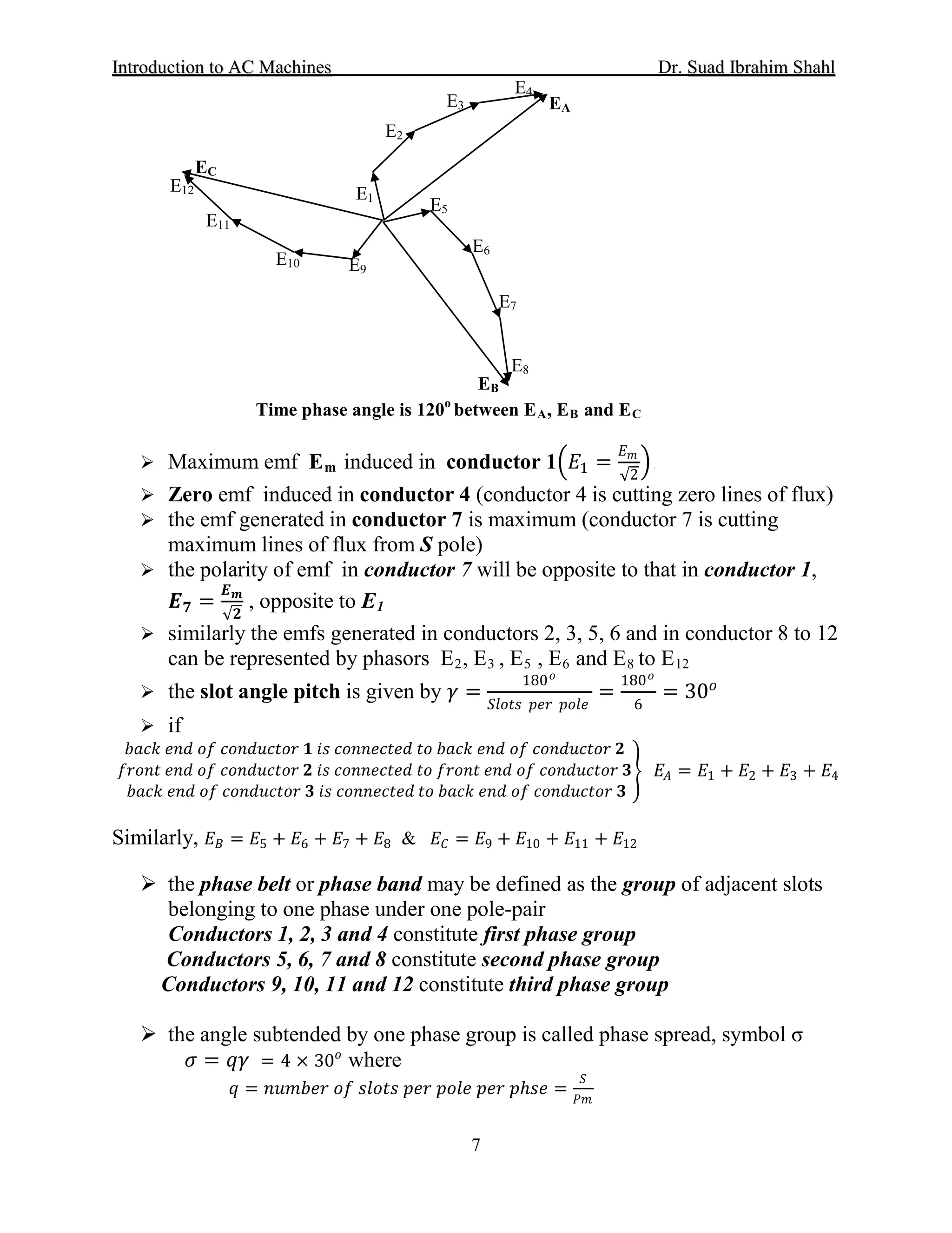 IInnttrroodduuccttiioonn ttoo AACC MMaacchhiinneess Dr. SSuuaadd IIbbrraahhiimm SShhaahhll
7
Time phase angle is 120o
between EA, EB and EC
 Maximum emf Em
 Zero emf induced in conductor 4 (conductor 4 is cutting zero lines of flux)
induced in conductor 1�𝐸𝐸1 =
𝐸𝐸𝑚𝑚
√2
� R
 the emf generated in conductor 7 is maximum (conductor 7 is cutting
maximum lines of flux from S pole)
 the polarity of emf in conductor 7 will be opposite to that in conductor 1,
𝑬𝑬𝟕𝟕 =
𝑬𝑬 𝒎𝒎
√𝟐𝟐
, opposite to E1
 similarly the emfs generated in conductors 2, 3, 5, 6 and in conductor 8 to 12
can be represented by phasors E2, E3 , E5 , E6 and E8 to E12
 the slot angle pitch is given by 𝛾𝛾 =
180 𝑜𝑜
𝑆𝑆𝑆𝑆𝑆𝑆𝑆𝑆𝑆𝑆 𝑝𝑝𝑝𝑝𝑝𝑝 𝑝𝑝𝑝𝑝𝑝𝑝𝑝𝑝
=
180 𝑜𝑜
6
= 30𝑜𝑜
 if
𝑏𝑏𝑏𝑏𝑏𝑏𝑏𝑏 𝑒𝑒𝑒𝑒𝑒𝑒 𝑜𝑜𝑜𝑜 𝑐𝑐𝑐𝑐𝑐𝑐𝑐𝑐𝑐𝑐𝑐𝑐𝑐𝑐𝑐𝑐𝑐𝑐 𝟏𝟏 𝑖𝑖𝑖𝑖 𝑐𝑐𝑐𝑐𝑐𝑐𝑐𝑐𝑐𝑐𝑐𝑐𝑐𝑐𝑐𝑐𝑐𝑐 𝑡𝑡𝑡𝑡 𝑏𝑏𝑏𝑏𝑏𝑏𝑏𝑏 𝑒𝑒𝑒𝑒𝑒𝑒 𝑜𝑜𝑜𝑜 𝑐𝑐𝑐𝑐𝑐𝑐𝑐𝑐𝑐𝑐𝑐𝑐𝑐𝑐𝑐𝑐𝑐𝑐 𝟐𝟐
𝑓𝑓𝑓𝑓𝑓𝑓𝑓𝑓𝑓𝑓 𝑒𝑒𝑒𝑒𝑒𝑒 𝑜𝑜𝑜𝑜 𝑐𝑐𝑐𝑐𝑐𝑐𝑐𝑐𝑐𝑐𝑐𝑐𝑐𝑐𝑐𝑐𝑐𝑐 𝟐𝟐 𝑖𝑖𝑖𝑖 𝑐𝑐𝑐𝑐𝑐𝑐𝑐𝑐𝑐𝑐𝑐𝑐𝑐𝑐𝑐𝑐𝑐𝑐 𝑡𝑡𝑡𝑡 𝑓𝑓𝑓𝑓𝑓𝑓𝑓𝑓𝑓𝑓 𝑒𝑒𝑒𝑒𝑒𝑒 𝑜𝑜𝑜𝑜 𝑐𝑐𝑐𝑐𝑐𝑐𝑐𝑐𝑐𝑐𝑐𝑐𝑐𝑐𝑐𝑐𝑐𝑐 𝟑𝟑
𝑏𝑏𝑏𝑏𝑏𝑏𝑏𝑏 𝑒𝑒𝑒𝑒𝑒𝑒 𝑜𝑜𝑜𝑜 𝑐𝑐𝑐𝑐𝑐𝑐𝑐𝑐𝑐𝑐𝑐𝑐𝑐𝑐𝑐𝑐𝑐𝑐 𝟑𝟑 𝑖𝑖𝑖𝑖 𝑐𝑐𝑐𝑐𝑐𝑐𝑐𝑐𝑐𝑐𝑐𝑐𝑐𝑐𝑐𝑐𝑐𝑐 𝑡𝑡𝑡𝑡 𝑏𝑏𝑏𝑏𝑏𝑏𝑏𝑏 𝑒𝑒𝑒𝑒𝑒𝑒 𝑜𝑜𝑜𝑜 𝑐𝑐𝑐𝑐𝑐𝑐𝑐𝑐𝑐𝑐𝑐𝑐𝑐𝑐𝑐𝑐𝑐𝑐 𝟑𝟑
� 𝐸𝐸𝐴𝐴 = 𝐸𝐸1 + 𝐸𝐸2 + 𝐸𝐸3 + 𝐸𝐸4
Similarly, 𝐸𝐸𝐵𝐵 = 𝐸𝐸5 + 𝐸𝐸6 + 𝐸𝐸7 + 𝐸𝐸8 & 𝐸𝐸𝐶𝐶 = 𝐸𝐸9 + 𝐸𝐸10 + 𝐸𝐸11 + 𝐸𝐸12
 the phase belt or phase band may be defined as the group of adjacent slots
belonging to one phase under one pole-pair
Conductors 1, 2, 3 and 4 constitute first phase group
Conductors 5, 6, 7 and 8 constitute second phase group
Conductors 9, 10, 11 and 12 constitute third phase group
 the angle subtended by one phase group is called phase spread, symbol σ
𝜎𝜎 = 𝑞𝑞𝑞𝑞 = 4 × 30𝑜𝑜
where
𝑞𝑞 = 𝑛𝑛𝑛𝑛𝑛𝑛𝑛𝑛𝑛𝑛𝑛𝑛 𝑜𝑜𝑜𝑜 𝑠𝑠𝑠𝑠𝑠𝑠𝑠𝑠𝑠𝑠 𝑝𝑝𝑝𝑝𝑝𝑝 𝑝𝑝𝑝𝑝𝑝𝑝𝑝𝑝 𝑝𝑝𝑝𝑝𝑝𝑝 𝑝𝑝ℎ𝑠𝑠𝑠𝑠 =
𝑆𝑆
𝑃𝑃𝑃𝑃
EA
EB
EC
E1
E2
E3
E4
E12
E11
E10 E9
E5
E6
E7
E8
 