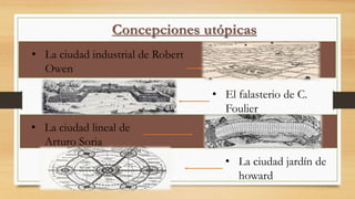 Concepciones utópicas
• La ciudad industrial de Robert
Owen
• El falasterio de C.
Foulier
• La ciudad lineal de
Arturo Soria
• La ciudad jardín de
howard
 